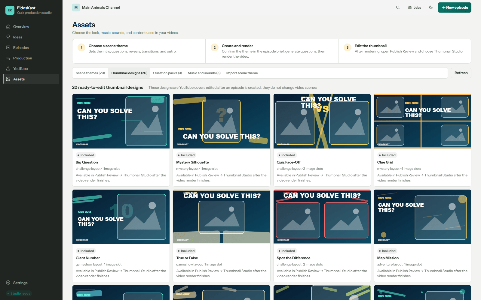 EidosKast asset library with twenty thumbnail designs and scene themes