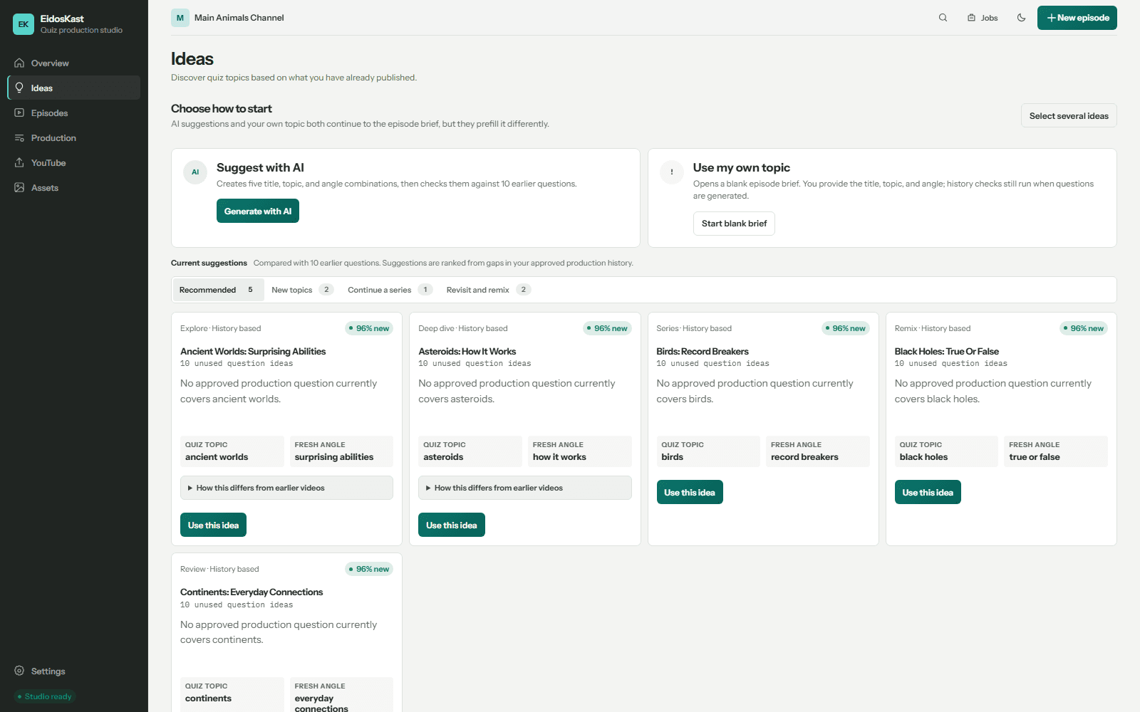 EidosKast idea suggestions based on question history and content novelty