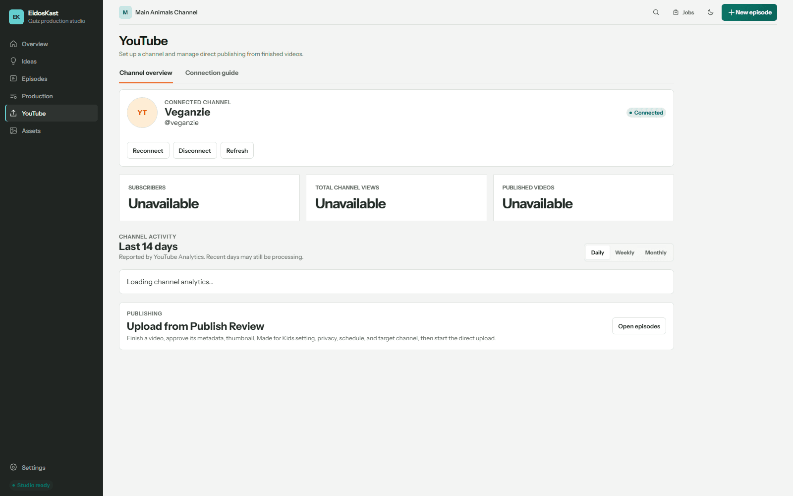 EidosKast YouTube workspace for a connected channel and publishing