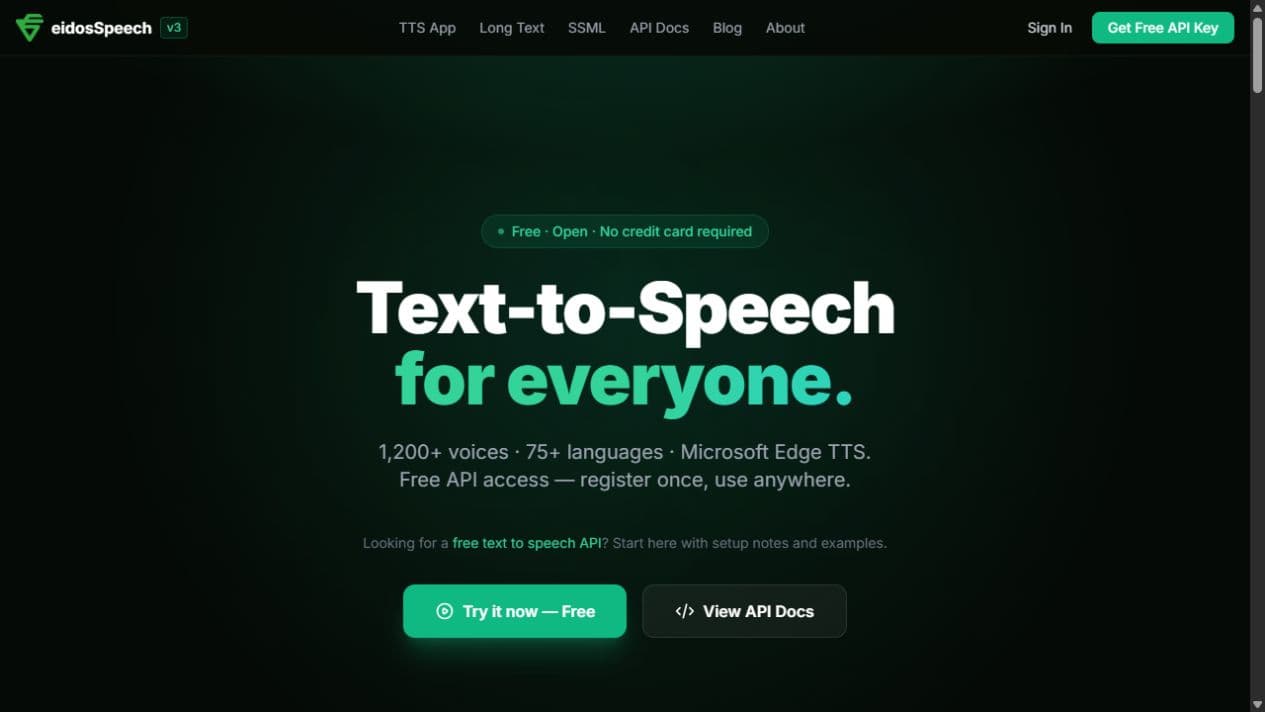 eidosSpeech web landing with TTS App and API documentation access